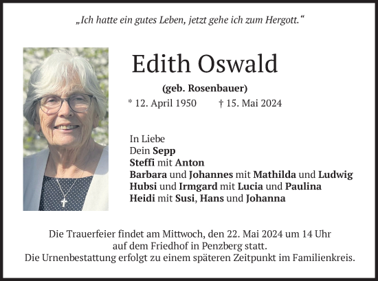 Traueranzeige von Edith Oswald von merkurtz