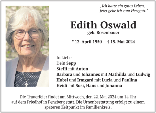 Traueranzeige von Edith Oswald von Das Gelbe Blatt Penzberg