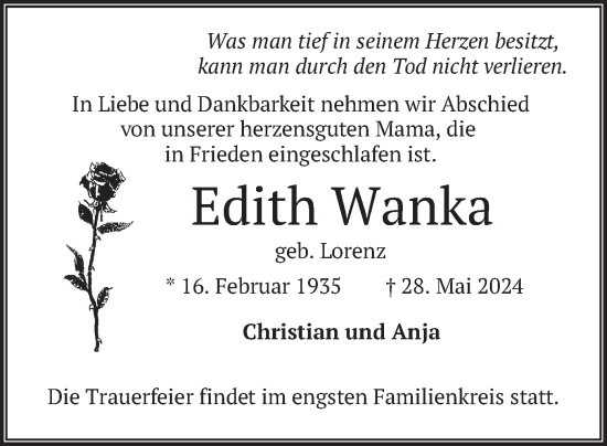 Traueranzeige von Edith Wanka von merkurtz