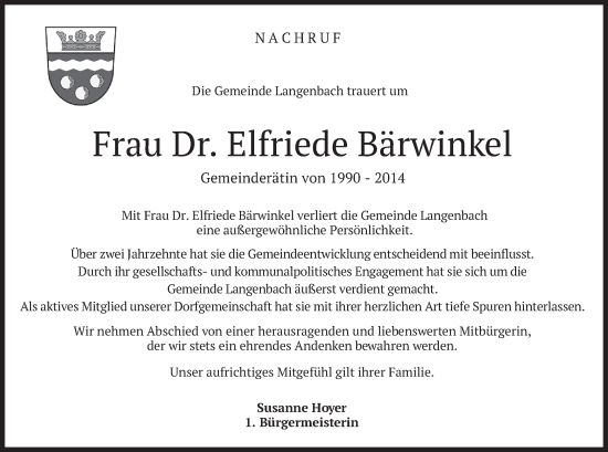 Traueranzeige von Elfriede Bärwinkel von merkurtz