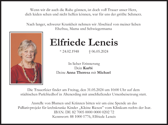 Traueranzeige von Elfriede Leneis von merkurtz