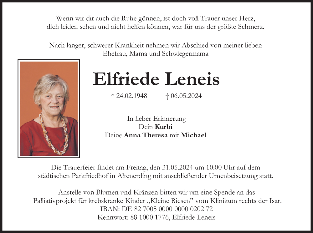  Traueranzeige für Elfriede Leneis vom 25.05.2024 aus merkurtz