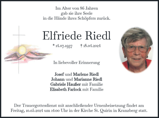 Traueranzeige von Elfriede Riedl von merkurtz