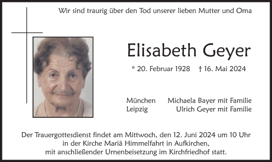 Traueranzeige von Elisabeth Geyer von merkurtz