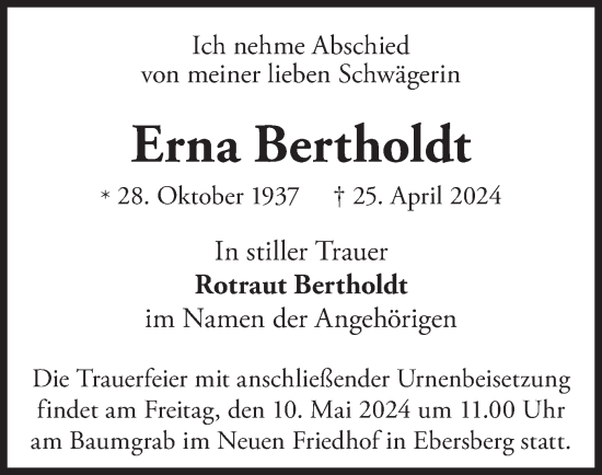 Traueranzeige von Erna Bertholdt von merkurtz