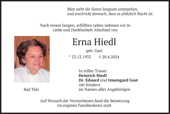 Traueranzeige von Erna Hiedl von merkurtz