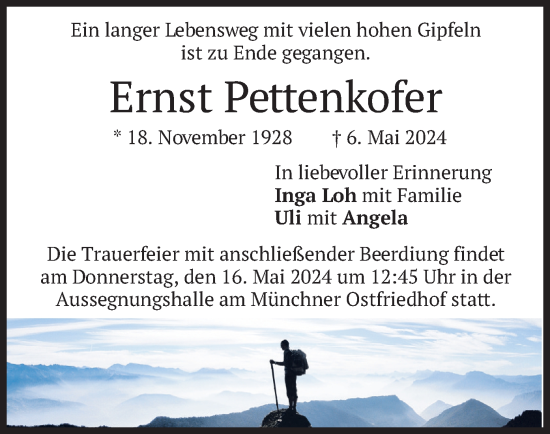 Traueranzeige von Ernst Pettenkofer von merkurtz