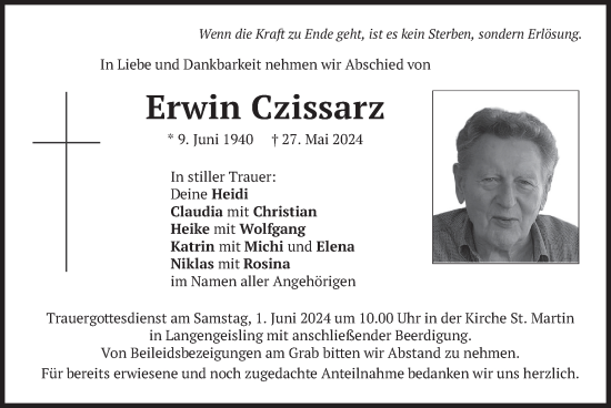 Traueranzeige von Erwin Czissarz von merkurtz