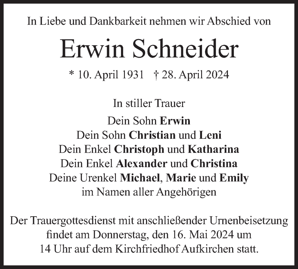  Traueranzeige für Erwin Schneider vom 14.05.2024 aus merkurtz