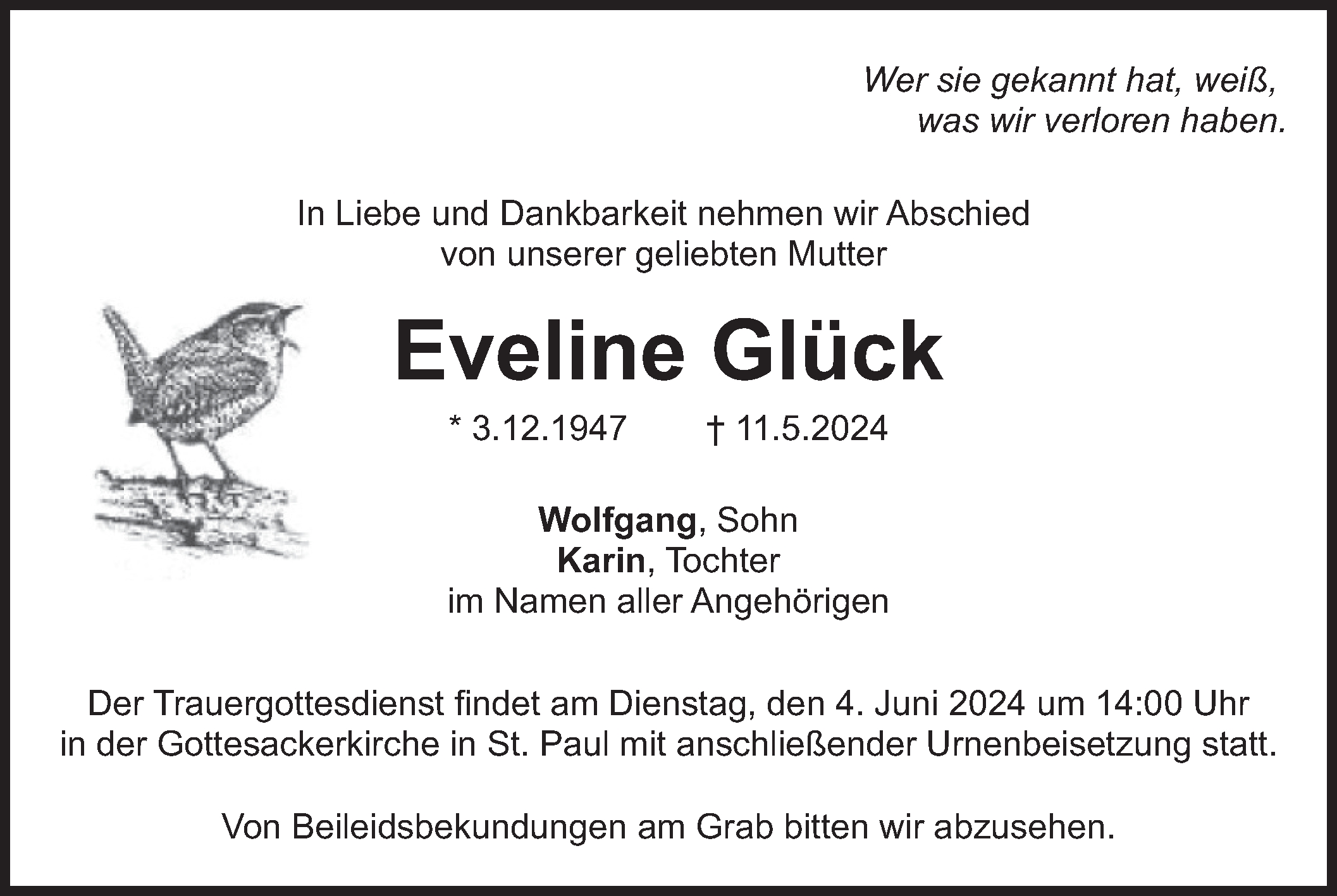  Traueranzeige für Eveline Glück vom 01.06.2024 aus merkurtz