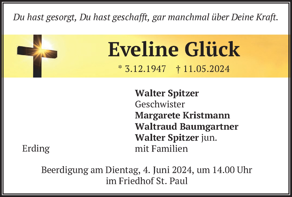  Traueranzeige für Eveline Glück vom 29.05.2024 aus merkurtz