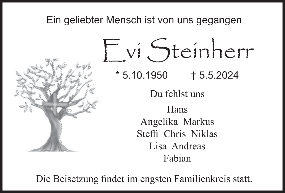  Traueranzeige für Evi Steinherr vom 11.05.2024 aus merkurtz