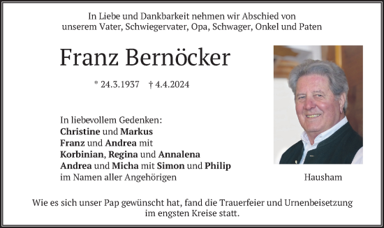 Traueranzeige von Franz Bernöcker von merkurtz