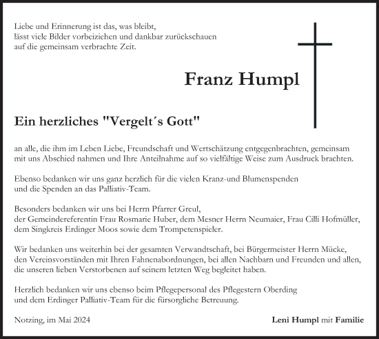 Traueranzeige von Franz Humpl von merkurtz