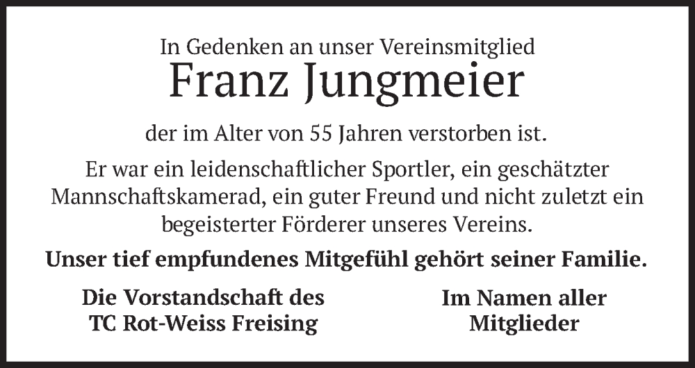  Traueranzeige für Franz Jungmeier vom 27.05.2024 aus merkurtz