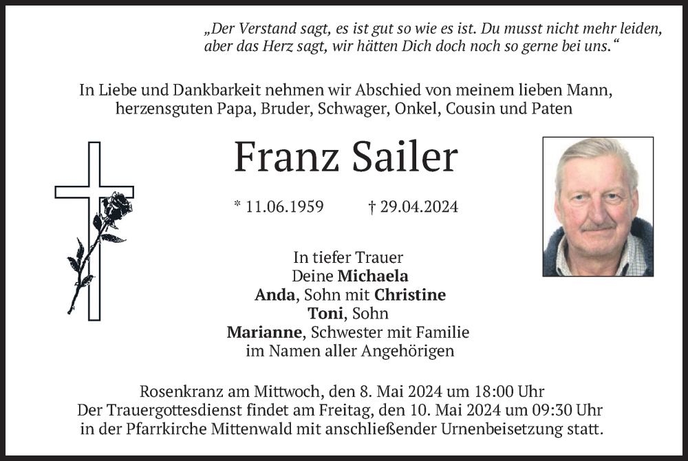  Traueranzeige für Franz Sailer vom 04.05.2024 aus merkurtz
