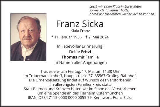 Traueranzeige von Franz Sicka von merkurtz