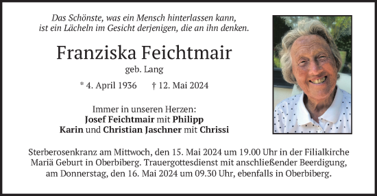 Traueranzeige von Franziska Feichtmair von merkurtz