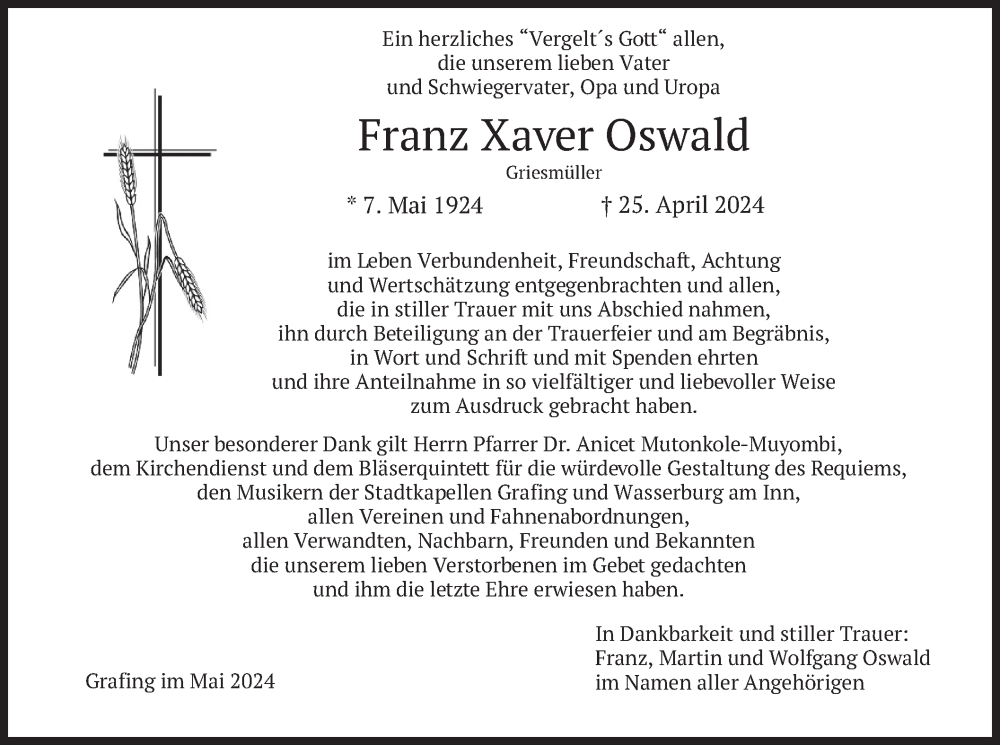  Traueranzeige für Franz Xaver Oswald vom 18.05.2024 aus merkurtz