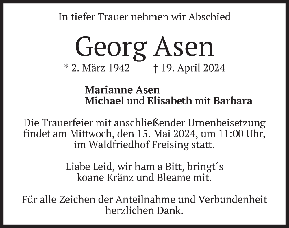  Traueranzeige für Georg Asen vom 11.05.2024 aus merkurtz