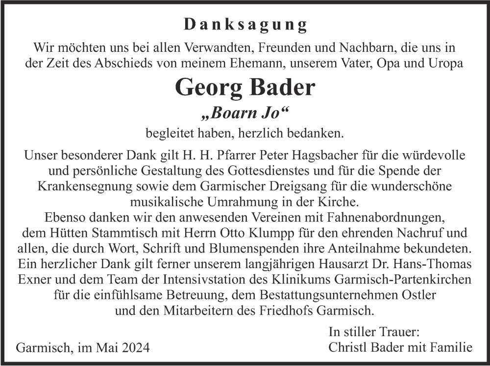 Traueranzeige für Georg Bader vom 25.05.2024 aus merkurtz
