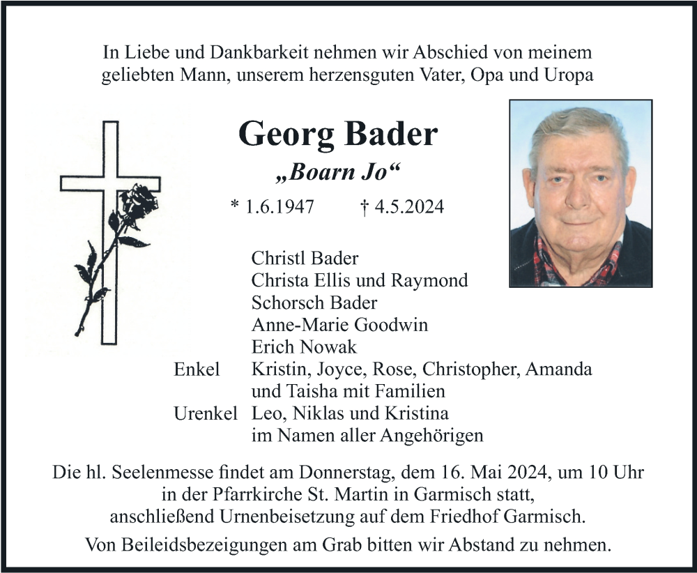  Traueranzeige für Georg Bader vom 11.05.2024 aus merkurtz