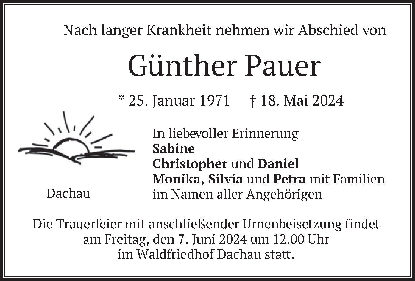  Traueranzeige für Günther Pauer vom 01.06.2024 aus merkurtz