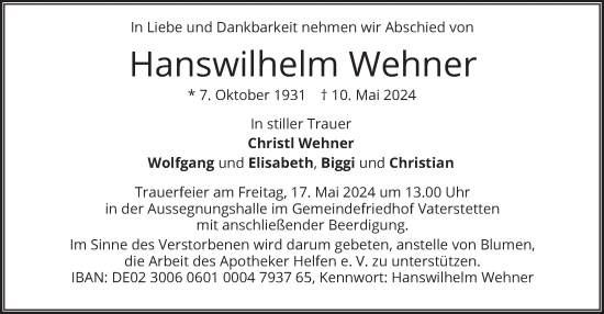 Traueranzeige von Hanswilhelm Wehner von merkurtz