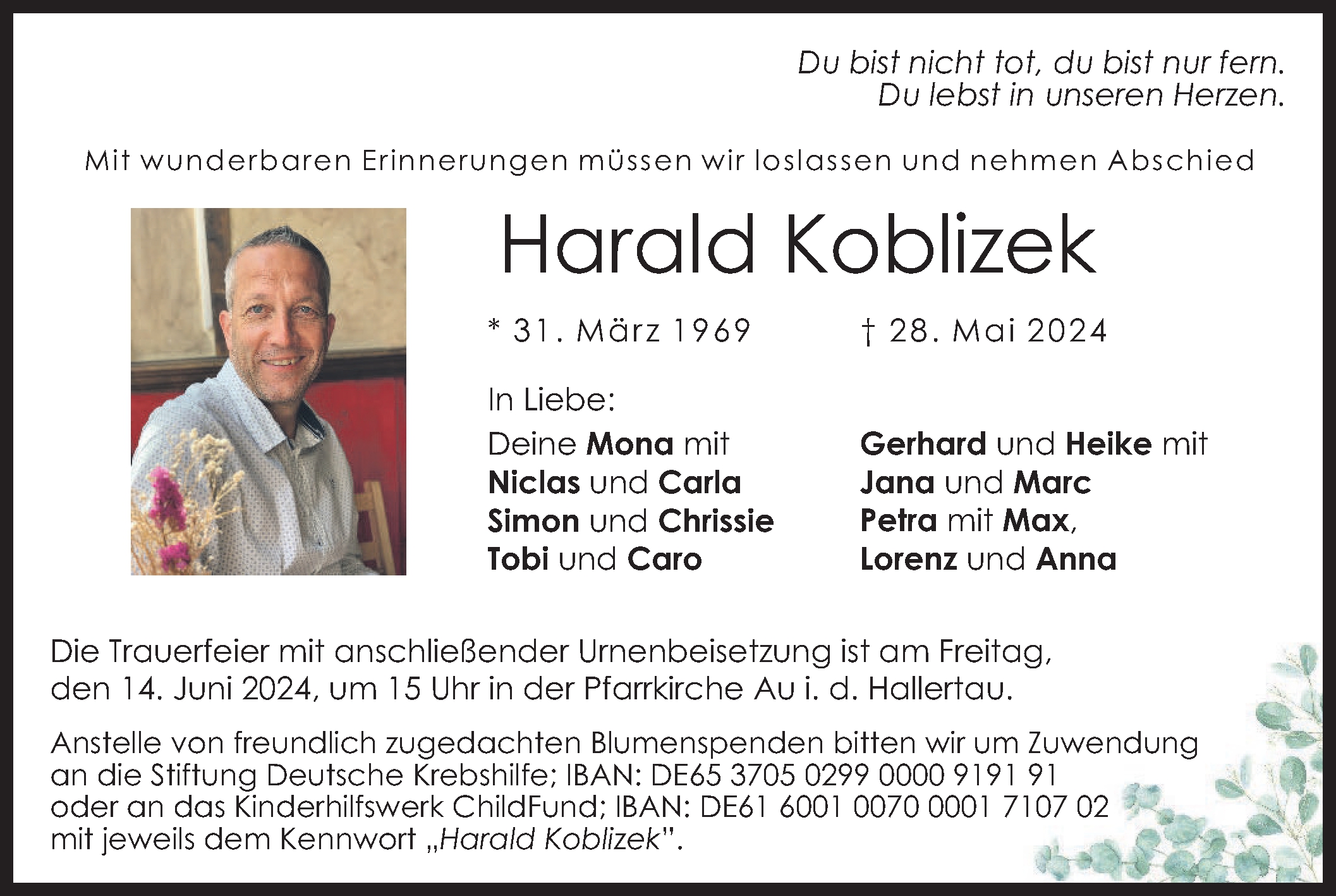  Traueranzeige für Harald Koblizek vom 01.06.2024 aus merkurtz