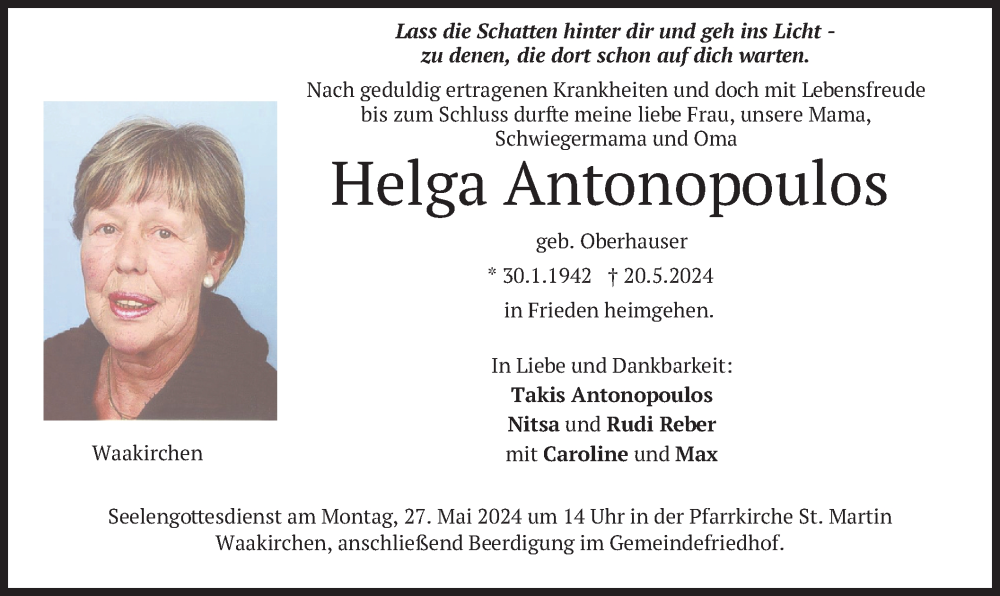  Traueranzeige für Helga Antonopoulos vom 25.05.2024 aus merkurtz