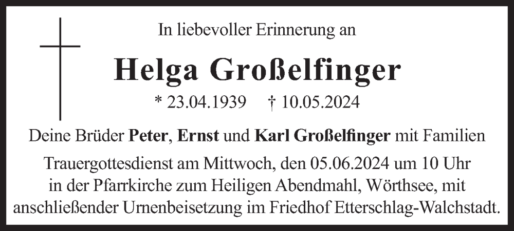  Traueranzeige für Helga Großelfinger vom 25.05.2024 aus merkurtz