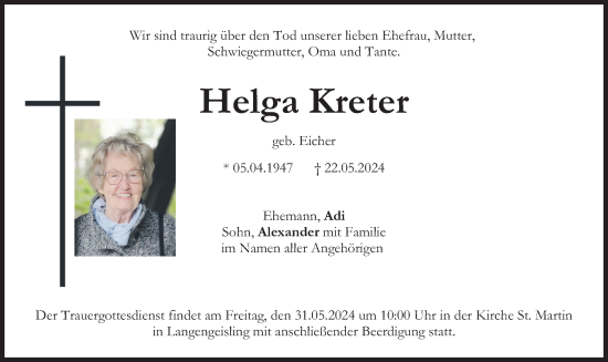 Traueranzeige von Helga Kreter von merkurtz