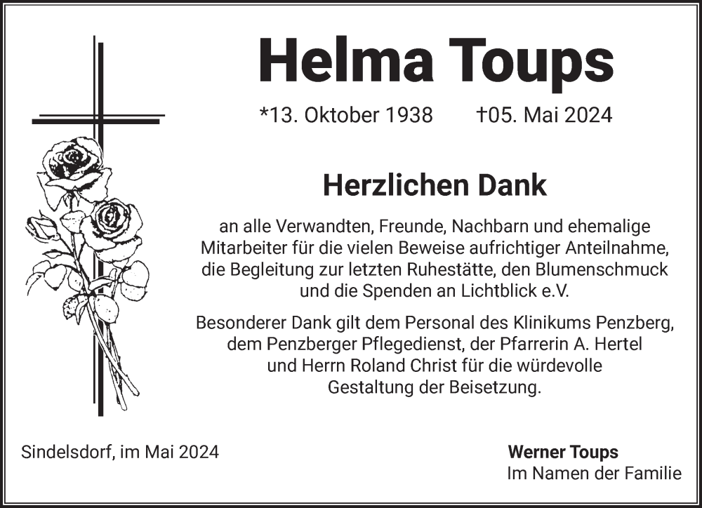  Traueranzeige für Helma Toups vom 17.05.2024 aus Das Gelbe Blatt Penzberg