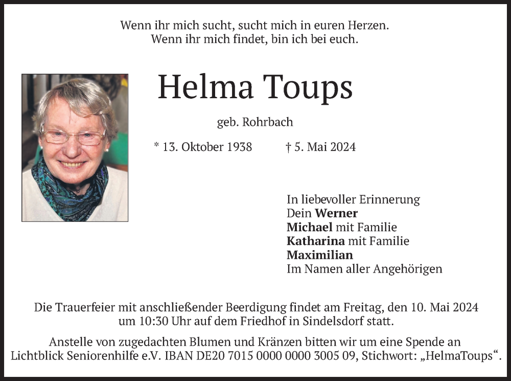  Traueranzeige für Helma Toups vom 08.05.2024 aus merkurtz
