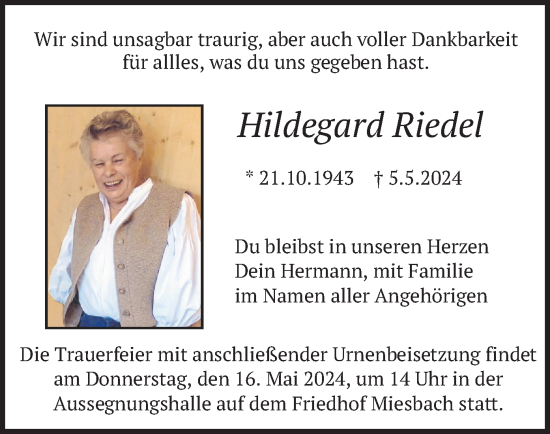 Traueranzeige von Hildegard Riedel von merkurtz