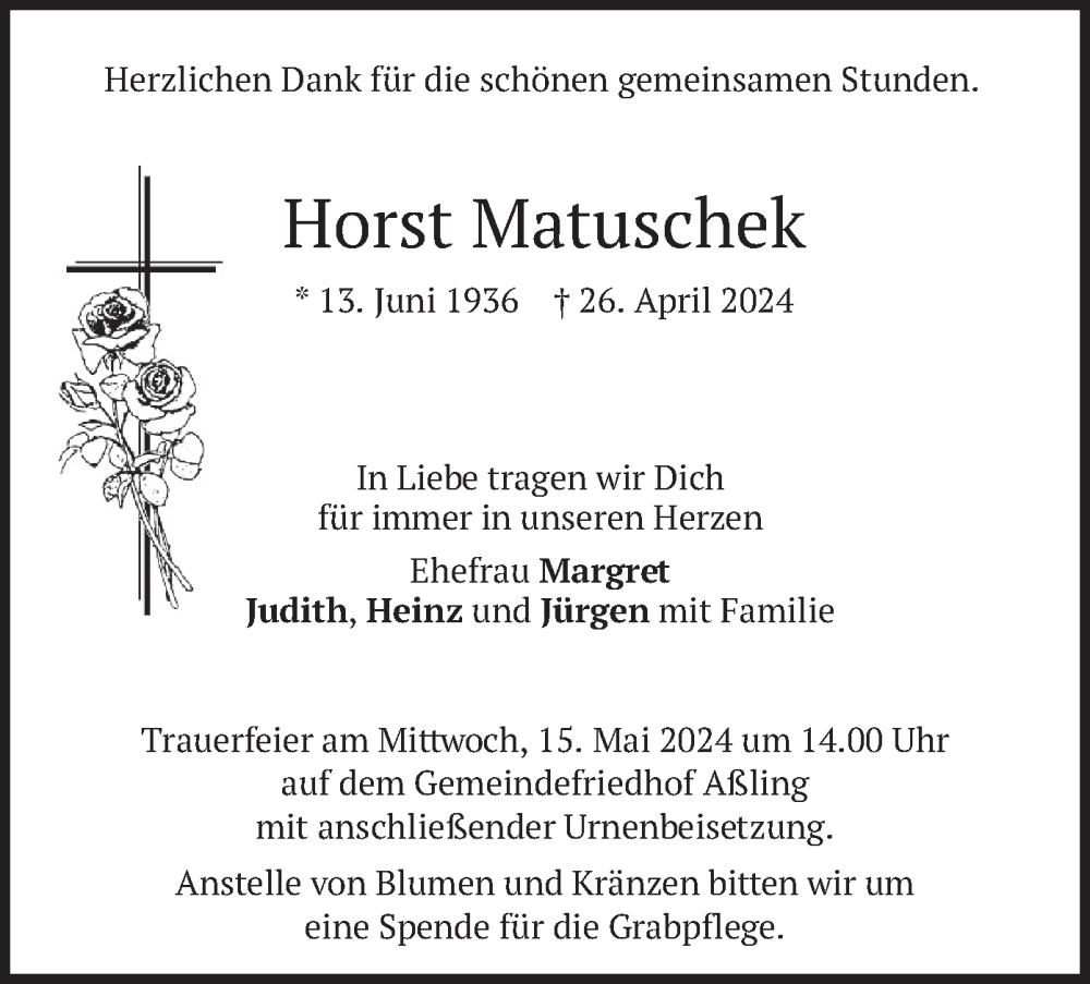  Traueranzeige für Horst Matuschek vom 11.05.2024 aus merkurtz