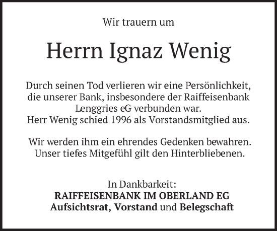 Traueranzeige von Ignaz Wenig von merkurtz