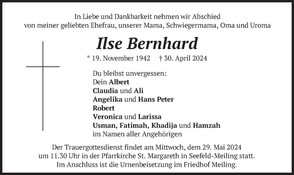  Traueranzeige für Ilse Bernhard vom 25.05.2024 aus merkurtz