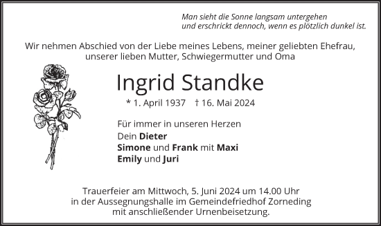 Traueranzeige von Ingrid Standke von merkurtz