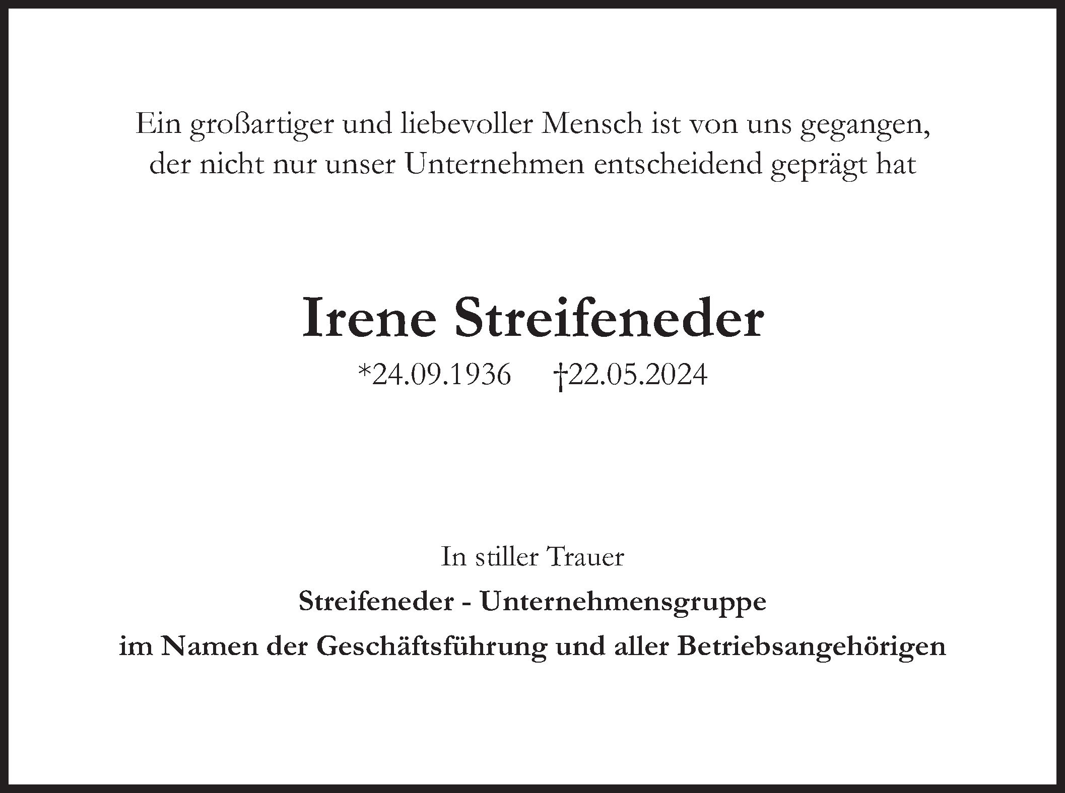  Traueranzeige für Irene Streifeneder vom 01.06.2024 aus merkurtz