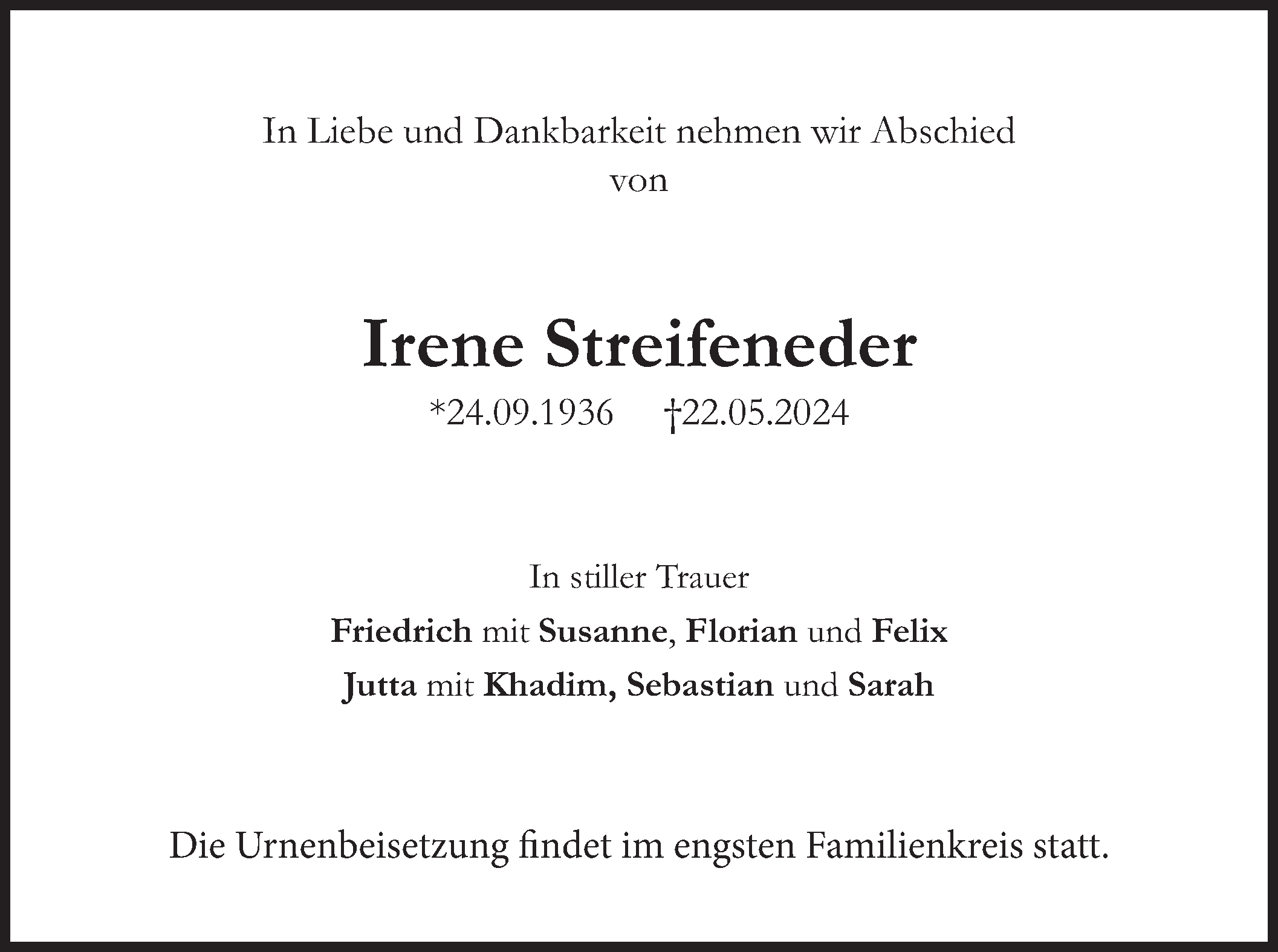  Traueranzeige für Irene Streifeneder vom 01.06.2024 aus merkurtz