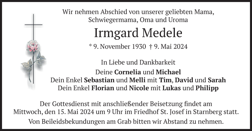  Traueranzeige für Irmgard Medele vom 11.05.2024 aus merkurtz