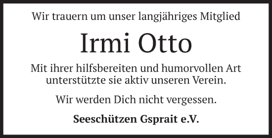 Traueranzeige von Irmi Otto von merkurtz