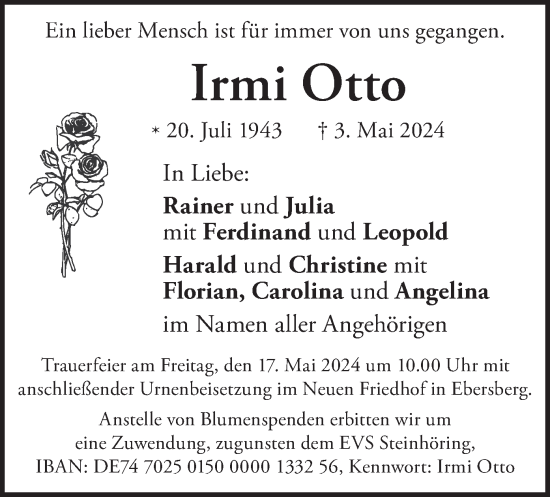 Traueranzeige von Irmi Otto von merkurtz