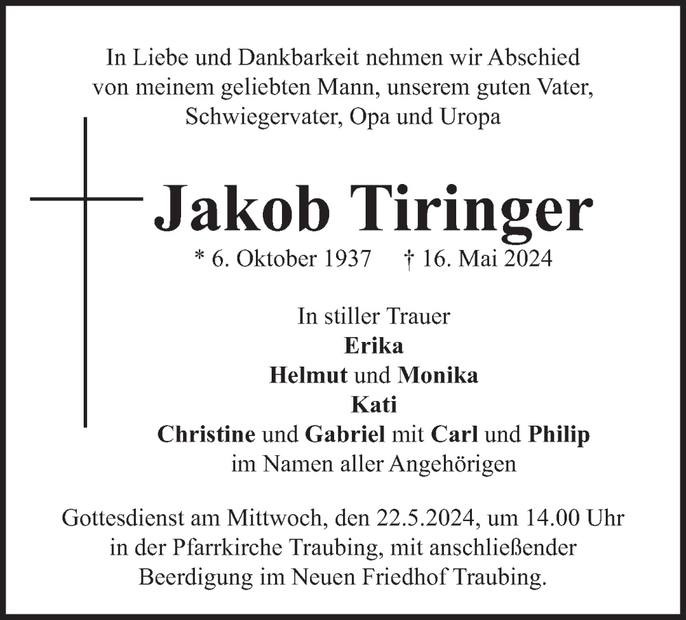  Traueranzeige für Jakob Tiringer vom 18.05.2024 aus merkurtz