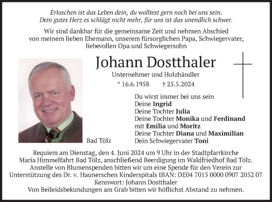 Traueranzeige von Johann Dostthaler von merkurtz