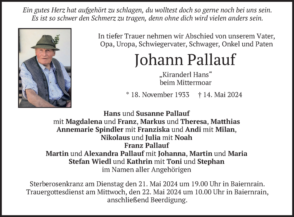 Traueranzeige für Johann Pallauf vom 18.05.2024 aus merkurtz
