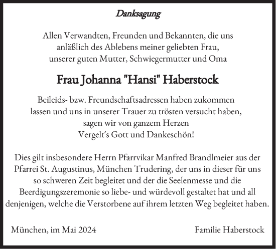 Traueranzeige von Johanna Haberstock von merkurtz