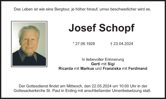 Traueranzeige von Josef Schopf von merkurtz