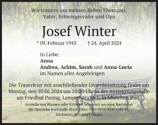 Traueranzeige von Josef Winter von merkurtz